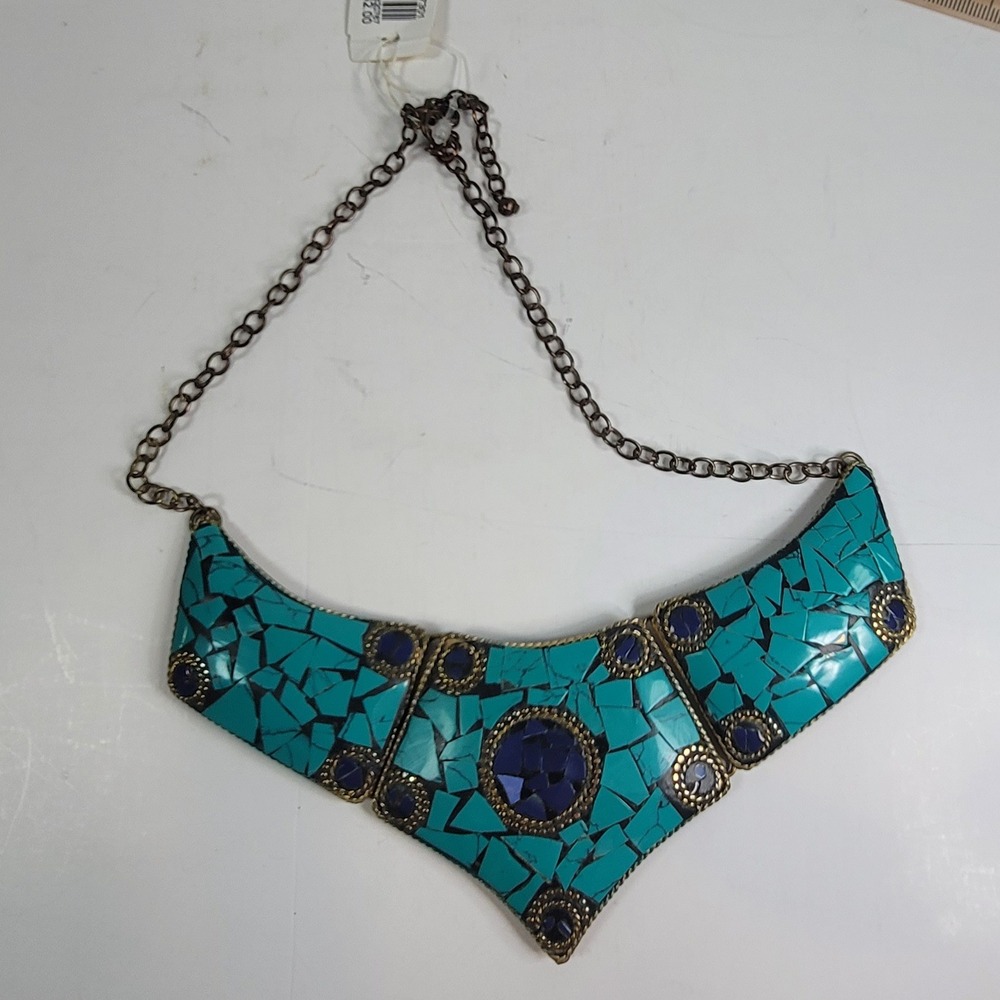Macy's Q2 Trend 2 Turquoise Blue Mosaic Bib Statement Necklace Made in India NWT